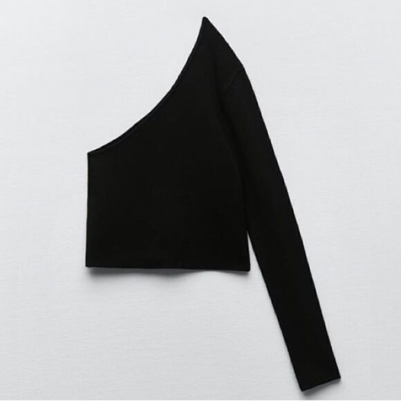 Zara Black Asymmetrical Knit Crop Top Size L - Picture 4 of 8